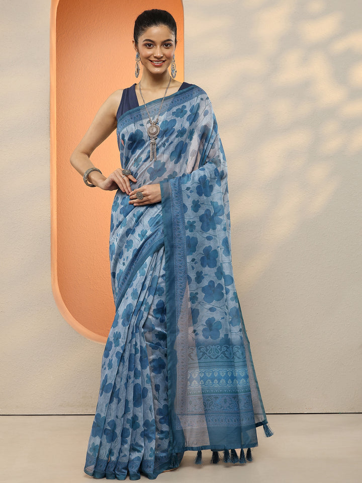 Blue Printed Silk Blend Sarees With Unstitched Blouse Piece