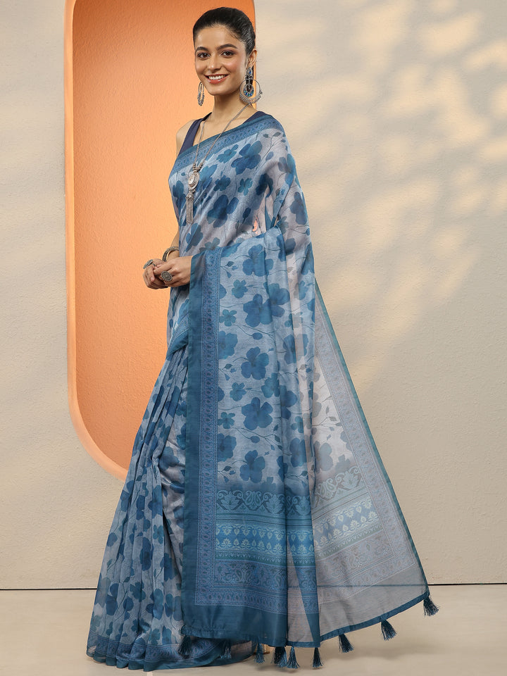 Blue Printed Silk Blend Sarees With Unstitched Blouse Piece
