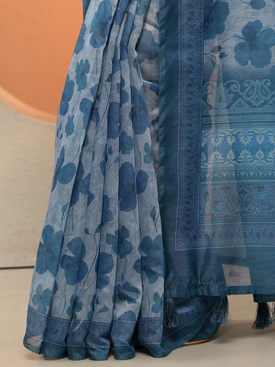Blue Printed Silk Blend Sarees With Unstitched Blouse Piece