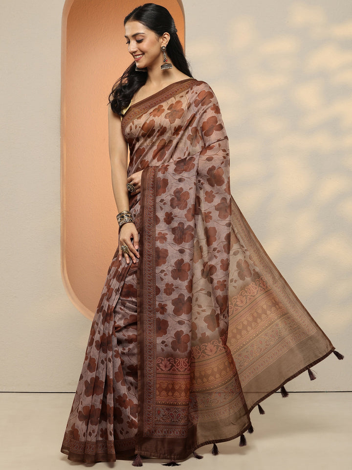 Brown Printed Silk Blend Saree With Unstitched Blouse Piece