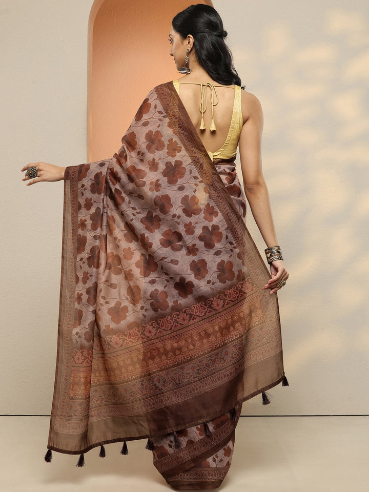 Brown Printed Silk Blend Saree With Unstitched Blouse Piece