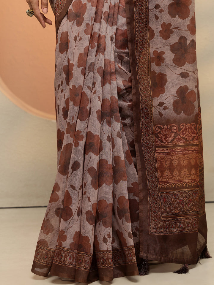 Brown Printed Silk Blend Saree With Unstitched Blouse Piece