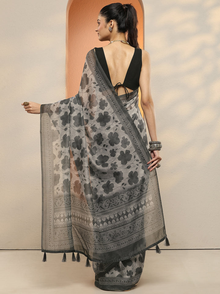 Grey Printed Silk Blend Sarees With Unstitched Blouse Piece
