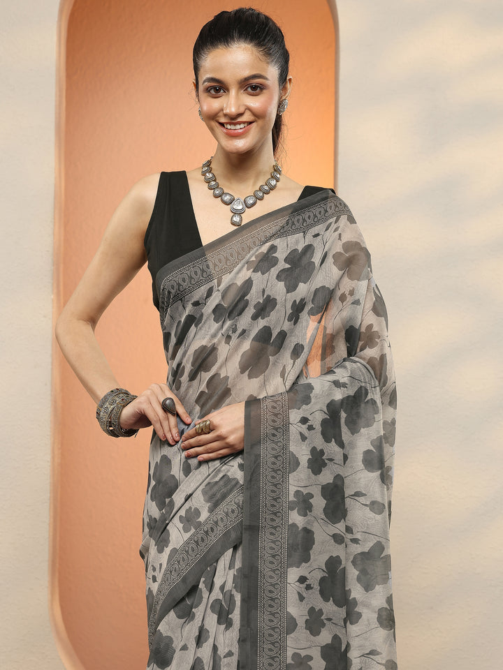 Grey Printed Silk Blend Sarees With Unstitched Blouse Piece