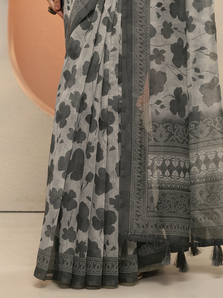 Grey Printed Silk Blend Sarees With Unstitched Blouse Piece
