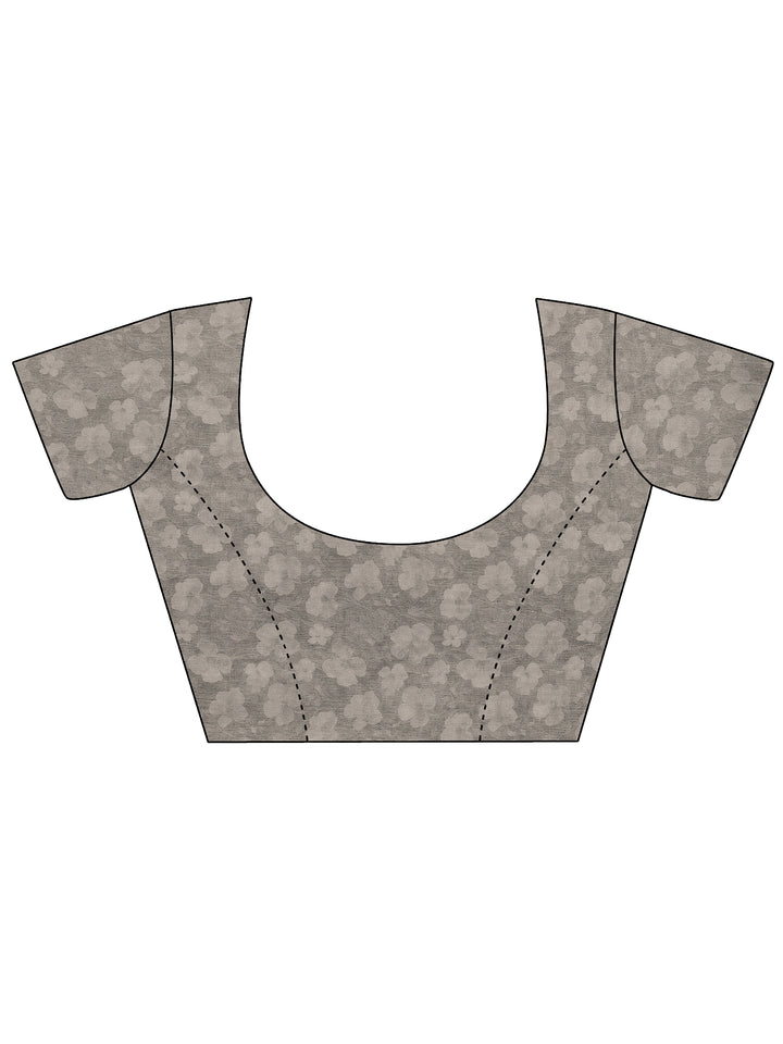 Grey Printed Silk Blend Sarees With Unstitched Blouse Piece