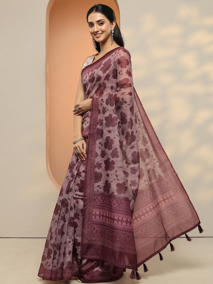 Burgundy Printed Silk Blend Saree With Unstitched Blouse Piece