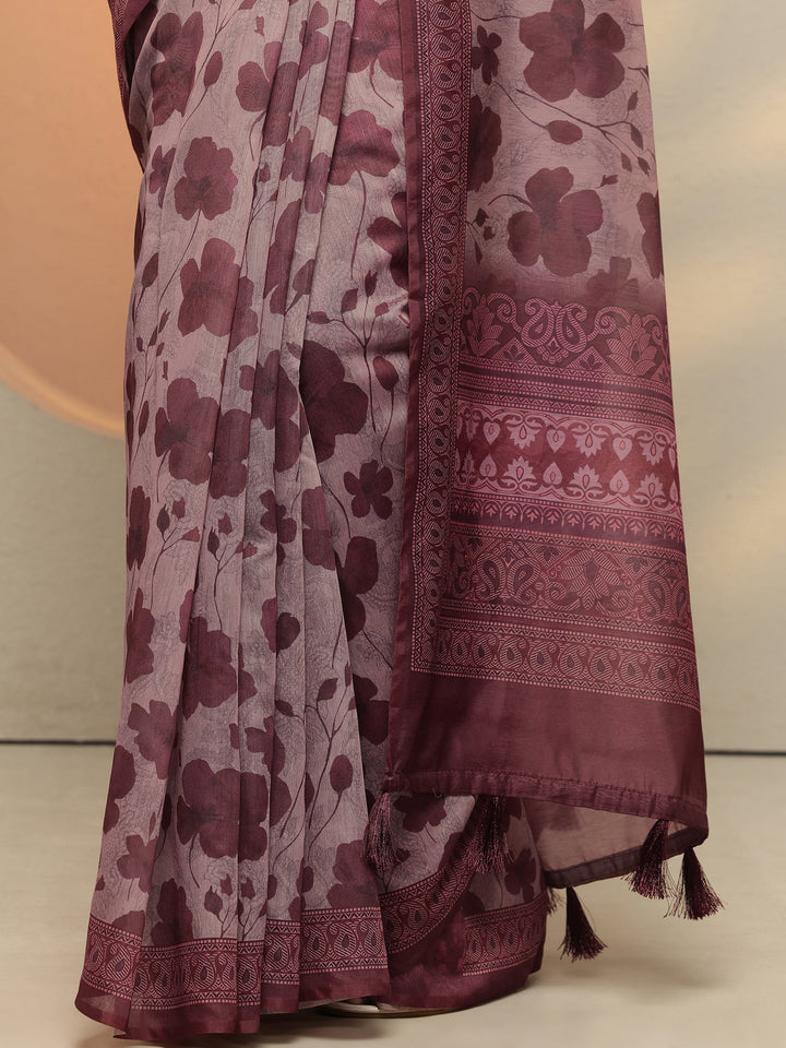 Burgundy Printed Silk Blend Saree With Unstitched Blouse Piece