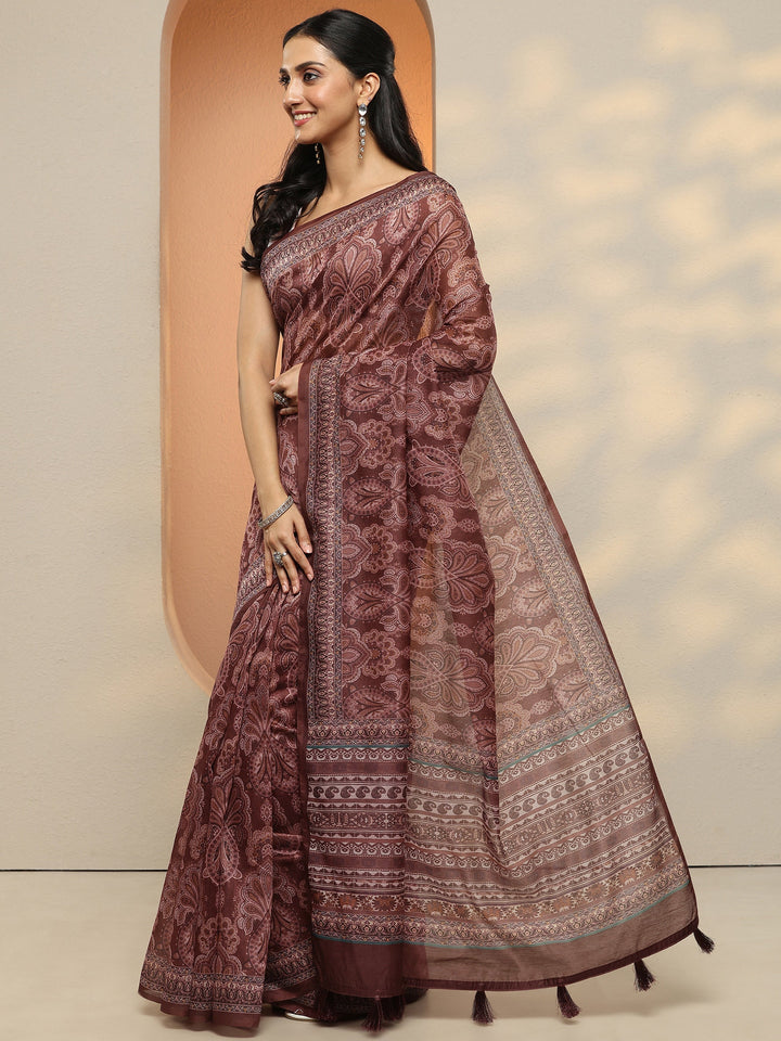 Brown Printed Silk Blend Saree With Unstitched Blouse Piece