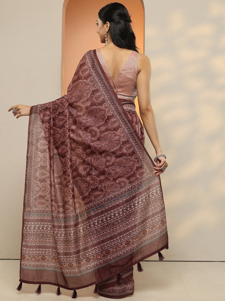 Brown Printed Silk Blend Saree With Unstitched Blouse Piece