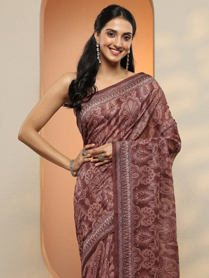 Brown Printed Silk Blend Saree With Unstitched Blouse Piece