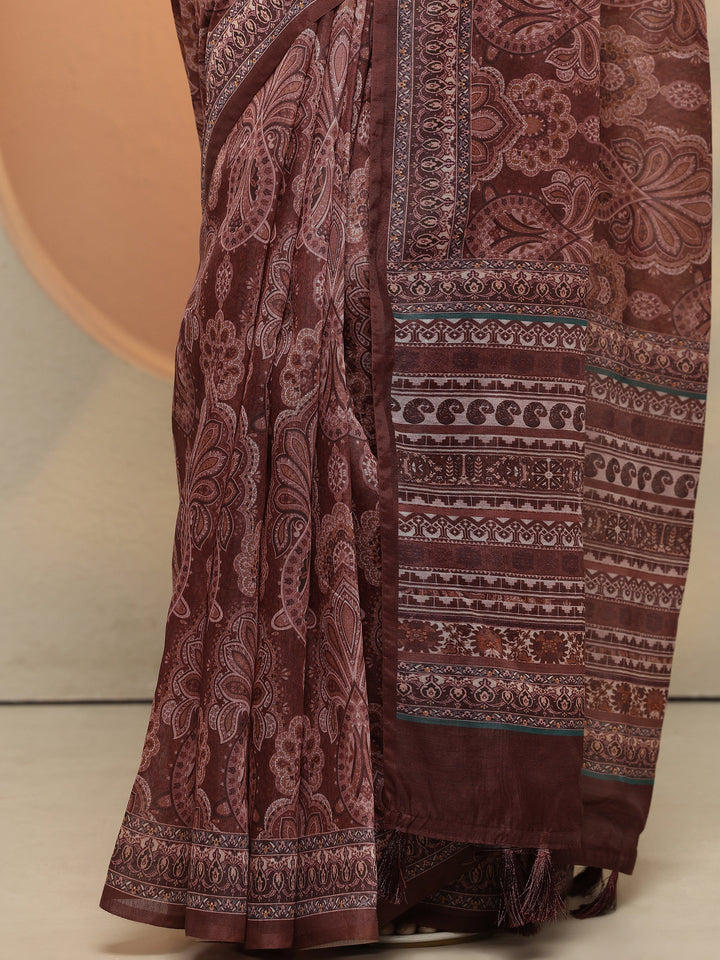 Brown Printed Silk Blend Saree With Unstitched Blouse Piece