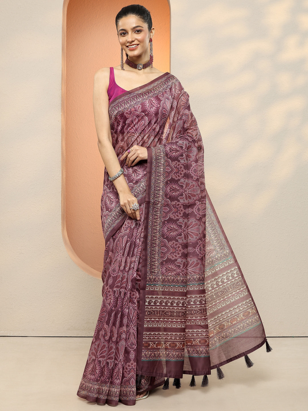 Purple Printed Silk Blend Sarees With Unstitched Blouse Piece