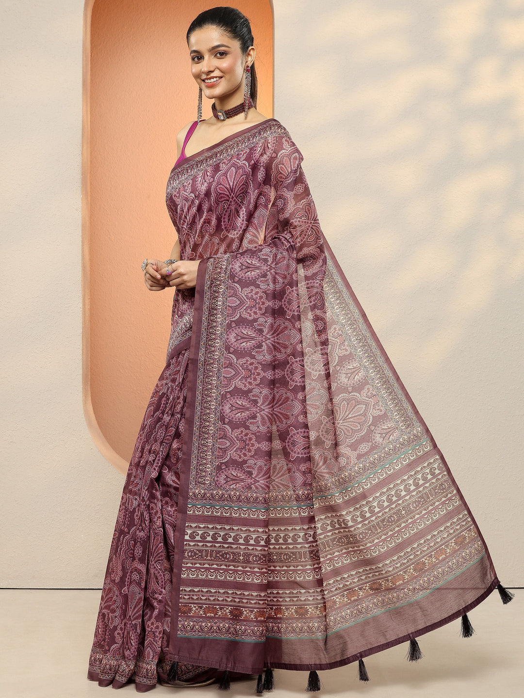 Purple Printed Silk Blend Sarees With Unstitched Blouse Piece