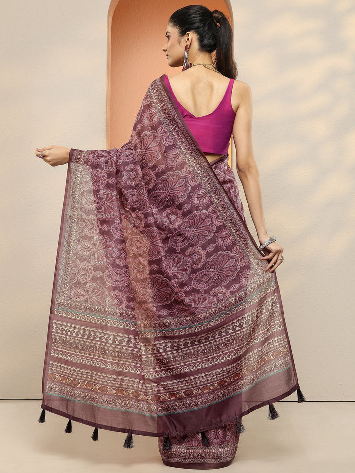 Purple Printed Silk Blend Sarees With Unstitched Blouse Piece