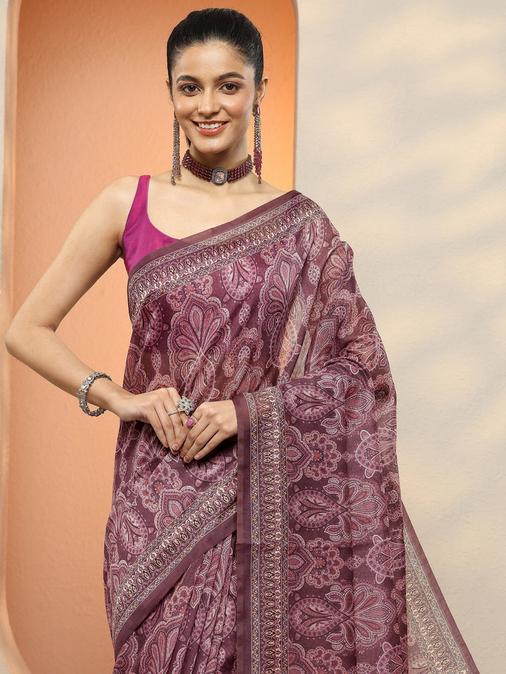 Purple Printed Silk Blend Sarees With Unstitched Blouse Piece
