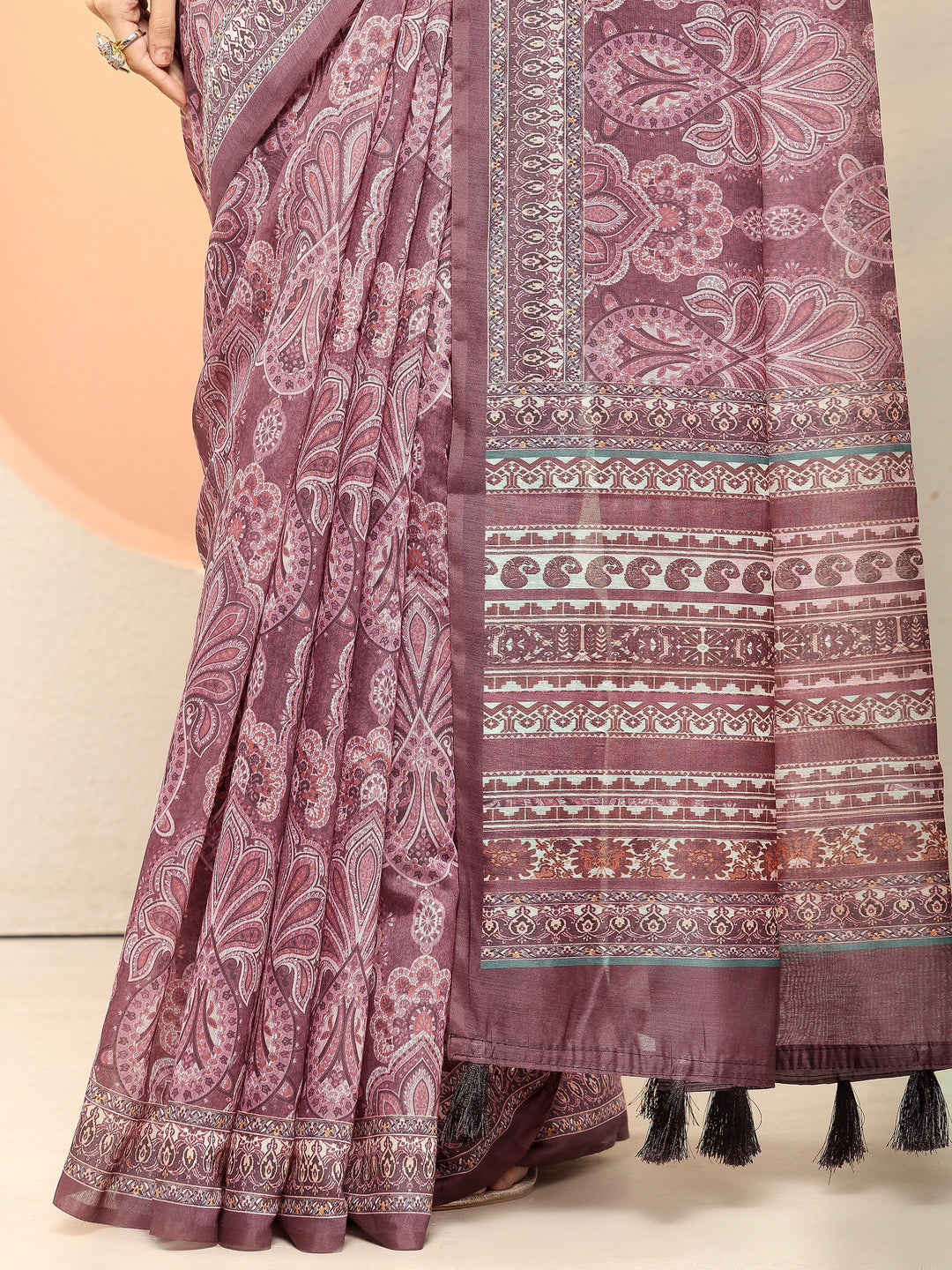 Purple Printed Silk Blend Sarees With Unstitched Blouse Piece