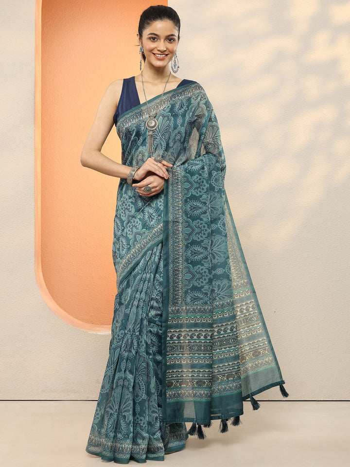 Blue Printed Silk Blend Sarees With Unstitched Blouse Piece