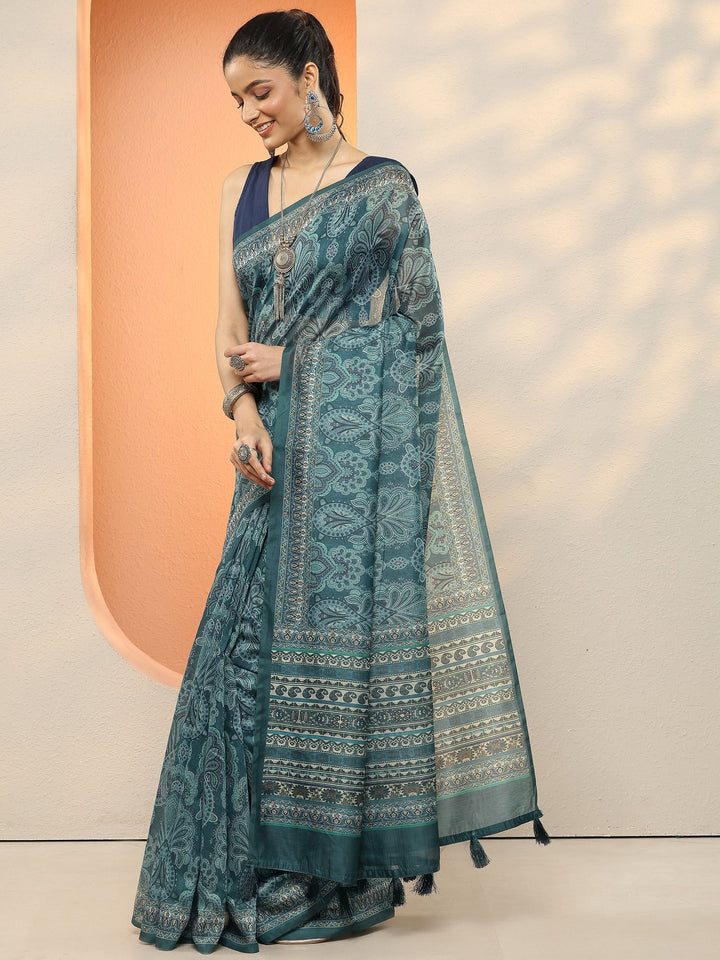 Blue Printed Silk Blend Sarees With Unstitched Blouse Piece