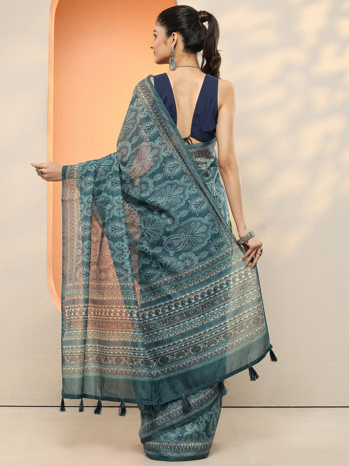 Blue Printed Silk Blend Sarees With Unstitched Blouse Piece