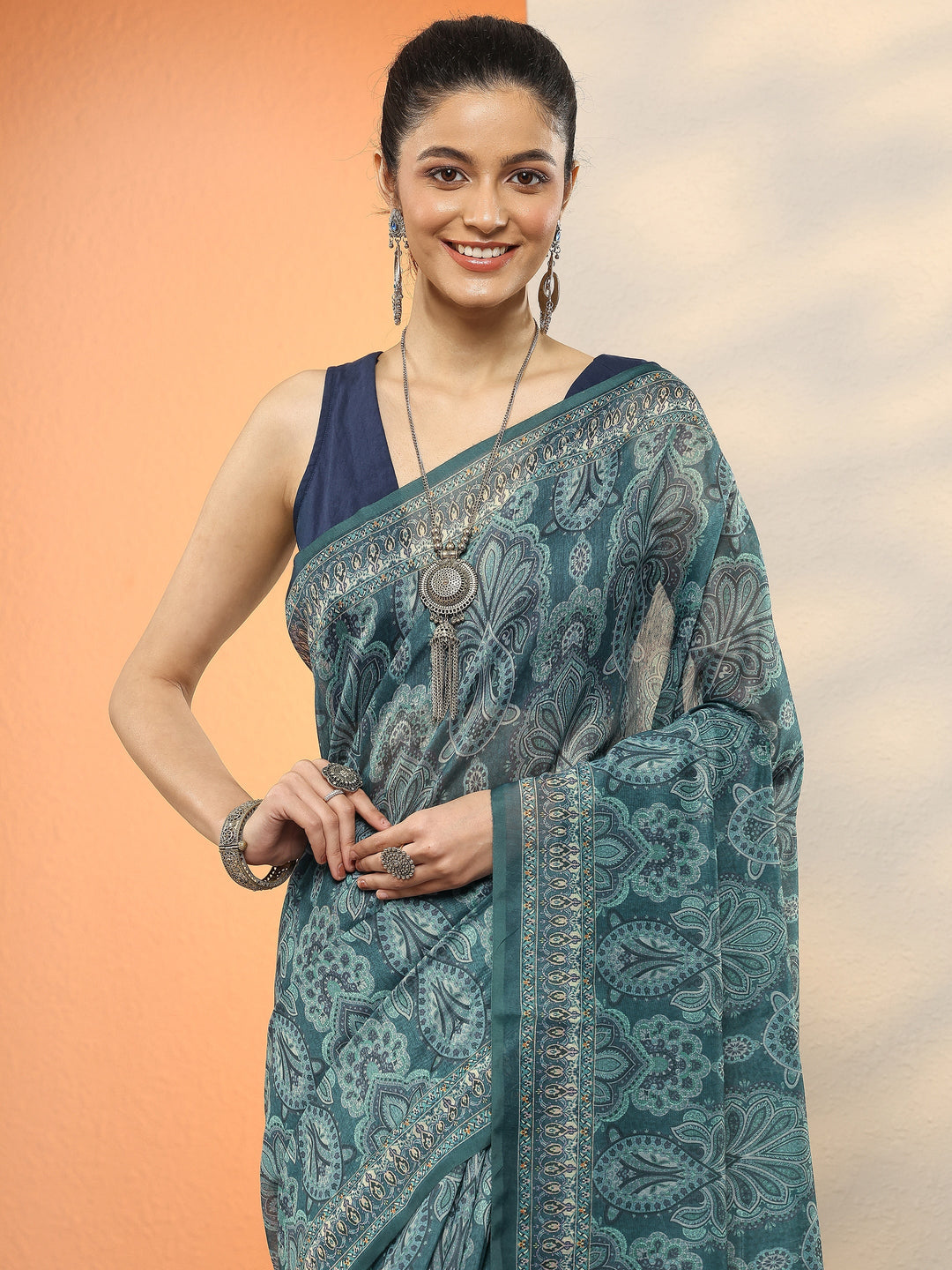Blue Printed Silk Blend Sarees With Unstitched Blouse Piece