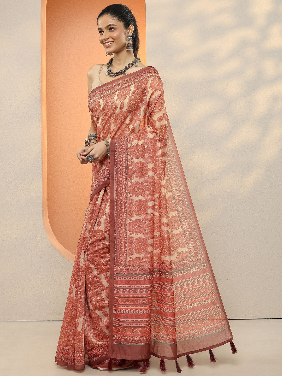 Beige Printed Silk Blend Sarees With Unstitched Blouse Piece