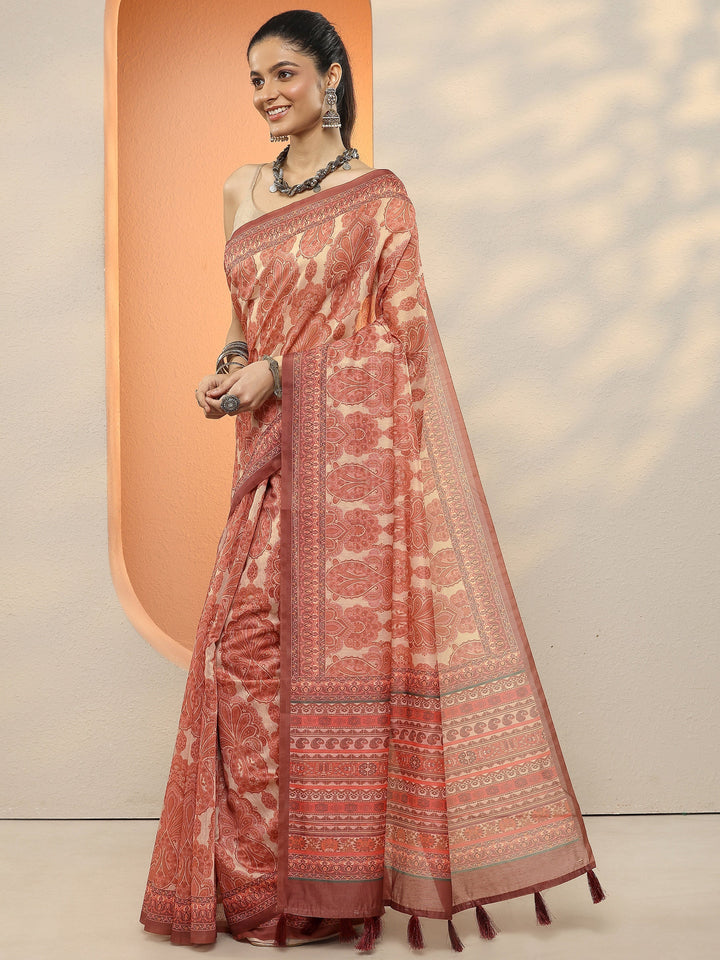 Beige Printed Silk Blend Sarees With Unstitched Blouse Piece