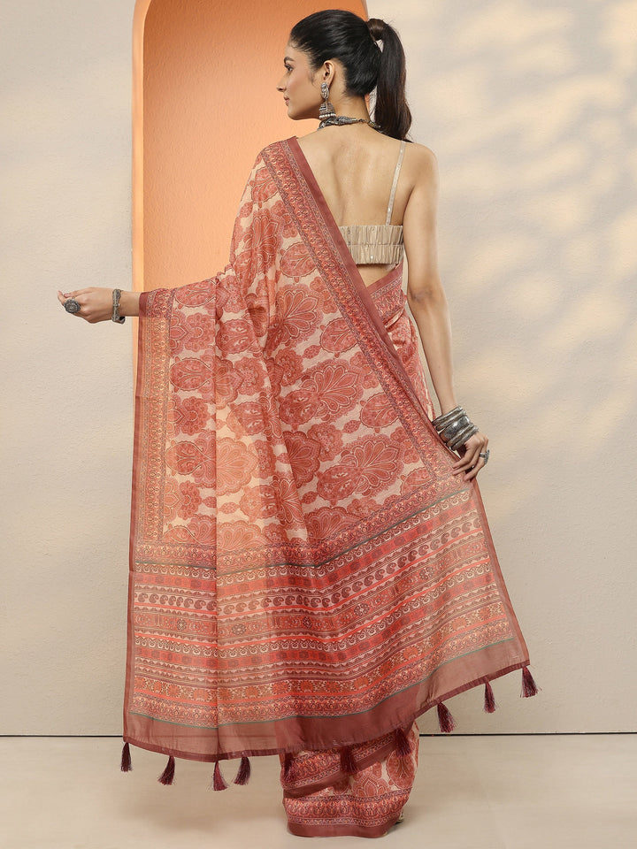 Beige Printed Silk Blend Sarees With Unstitched Blouse Piece