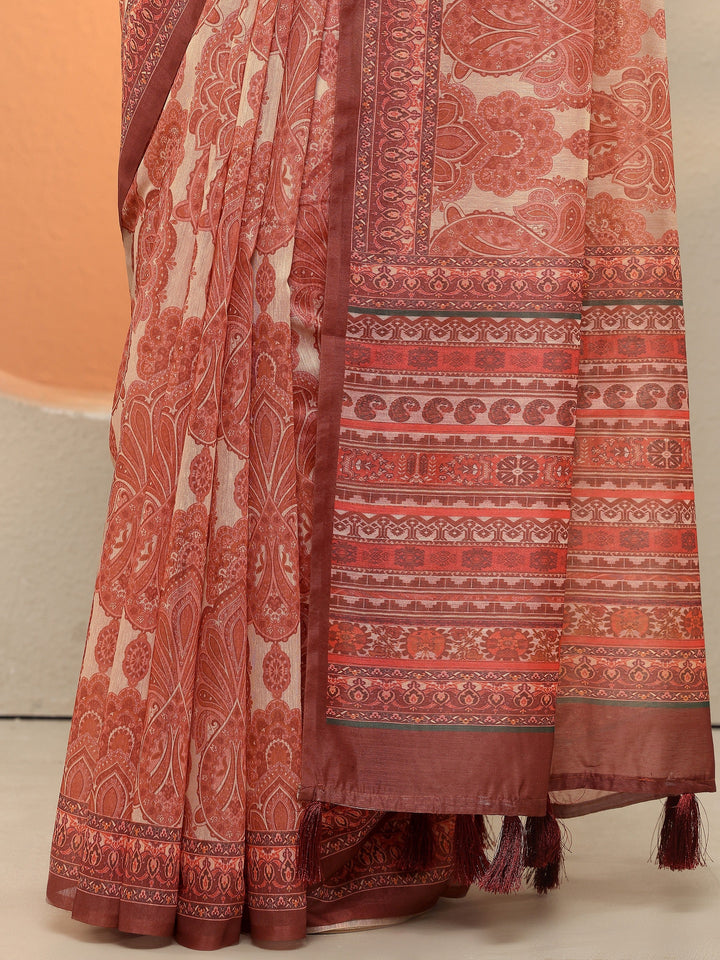 Beige Printed Silk Blend Sarees With Unstitched Blouse Piece