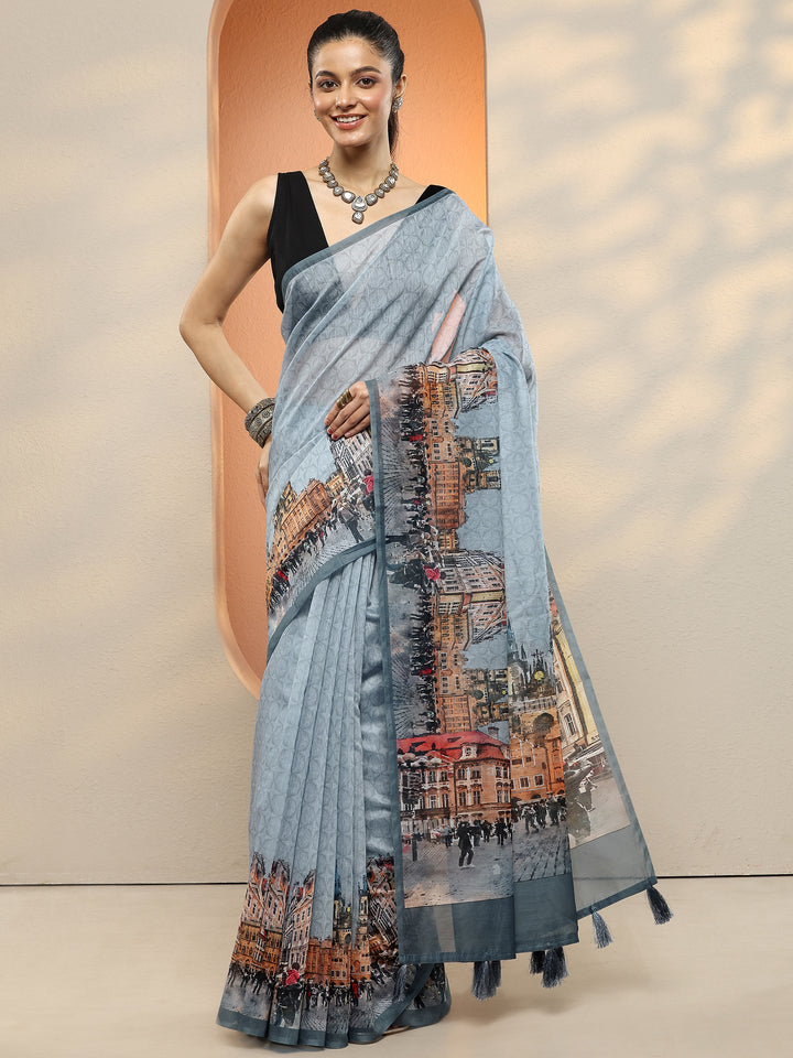 Blue Tribal Printed Sarees With Unstitched Blouse Piece