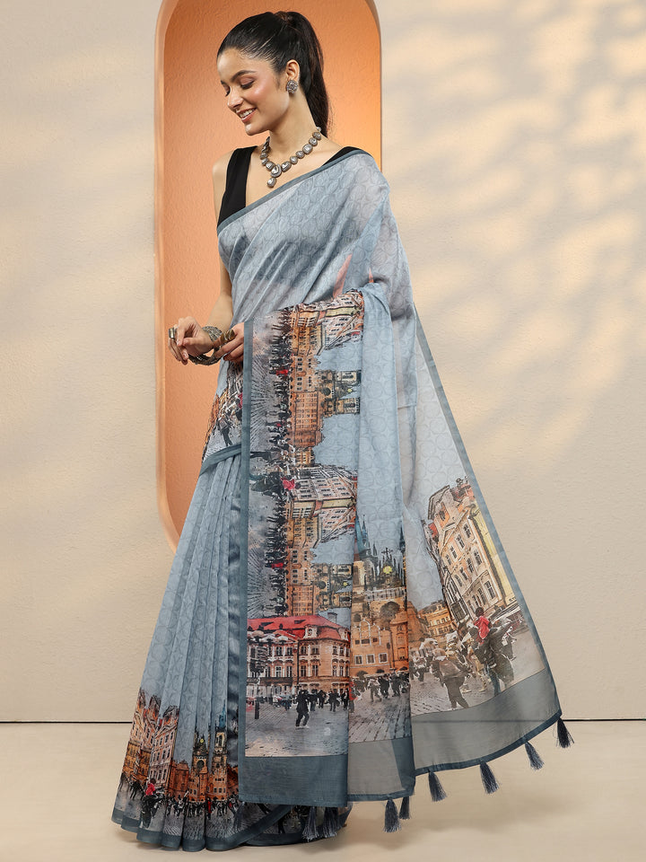 Blue Tribal Printed Sarees With Unstitched Blouse Piece