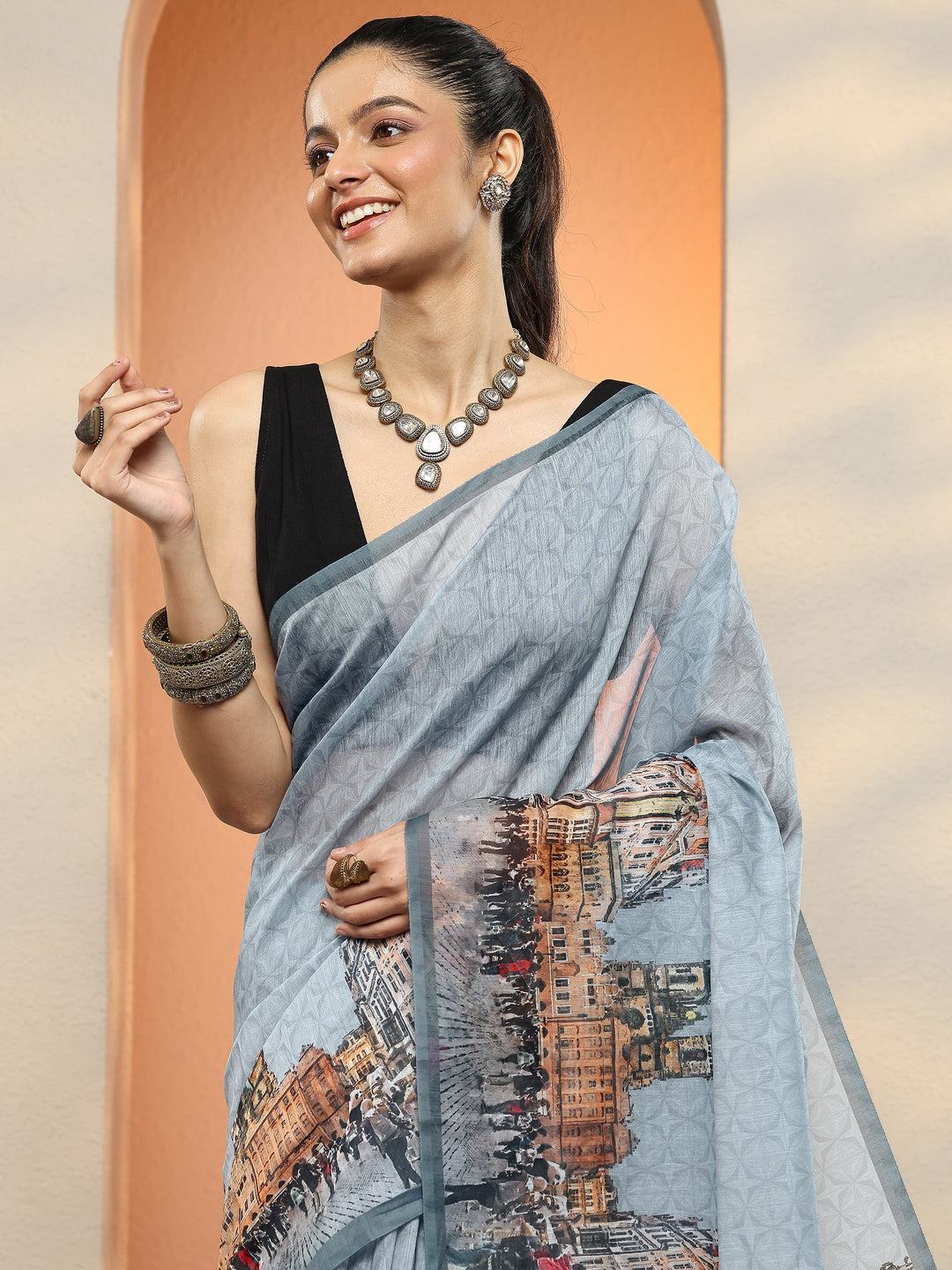 Blue Tribal Printed Sarees With Unstitched Blouse Piece