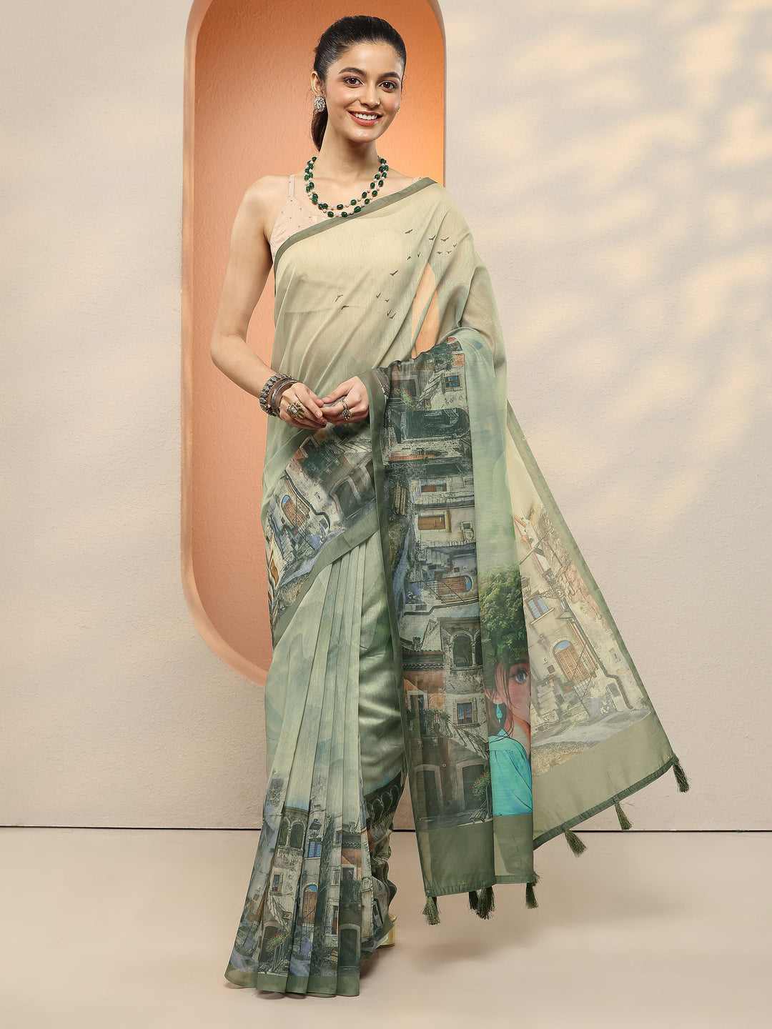 Green Tribal Printed Sarees With Unstitched Blouse Piece