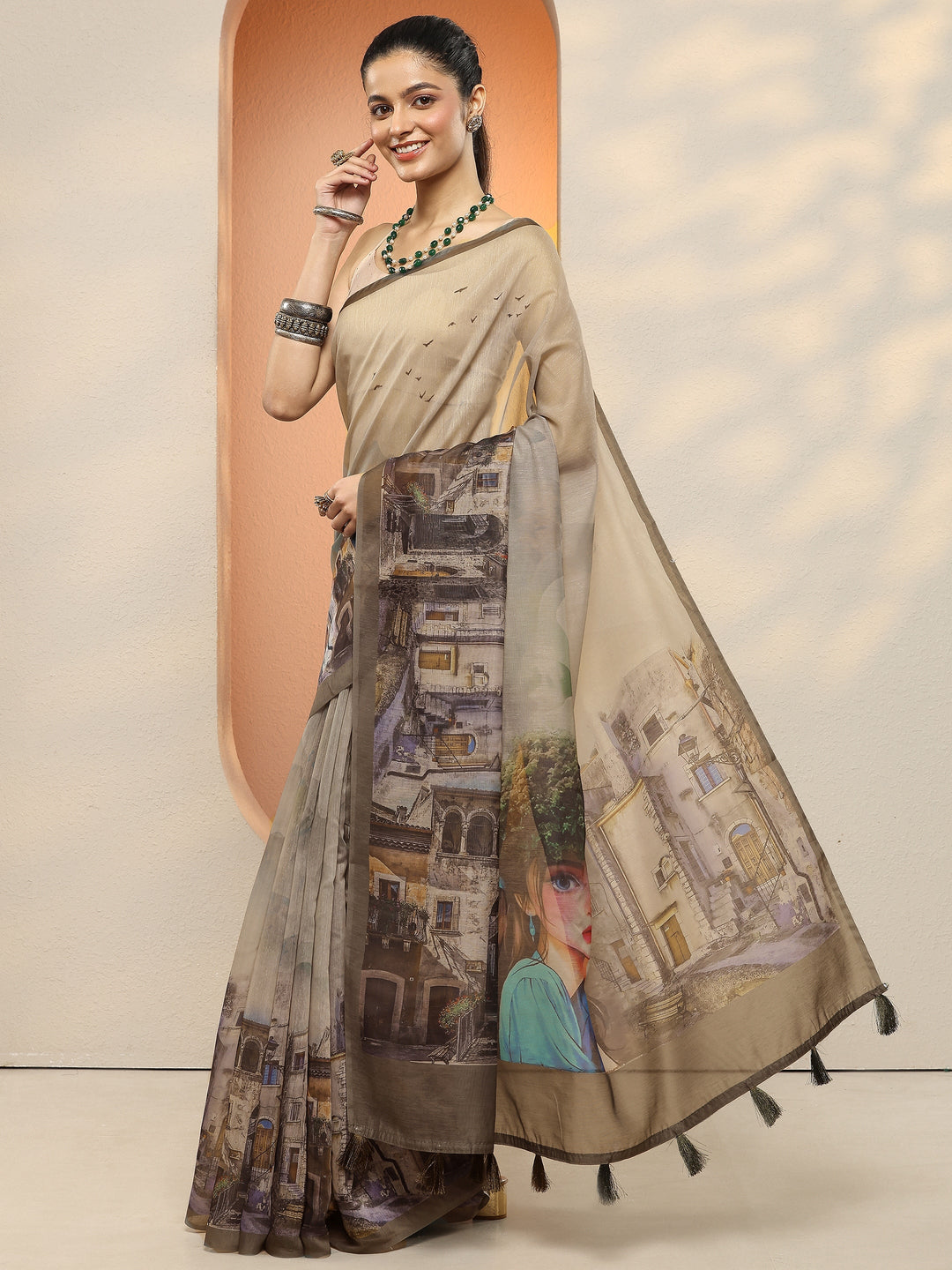 Green Tribal Printed Sarees With Unstitched Blouse Piece