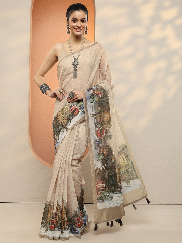 Beige Tribal Printed Sarees With Unstitched Blouse Piece