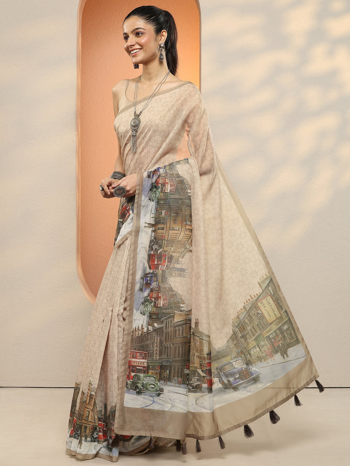 Beige Tribal Printed Sarees With Unstitched Blouse Piece