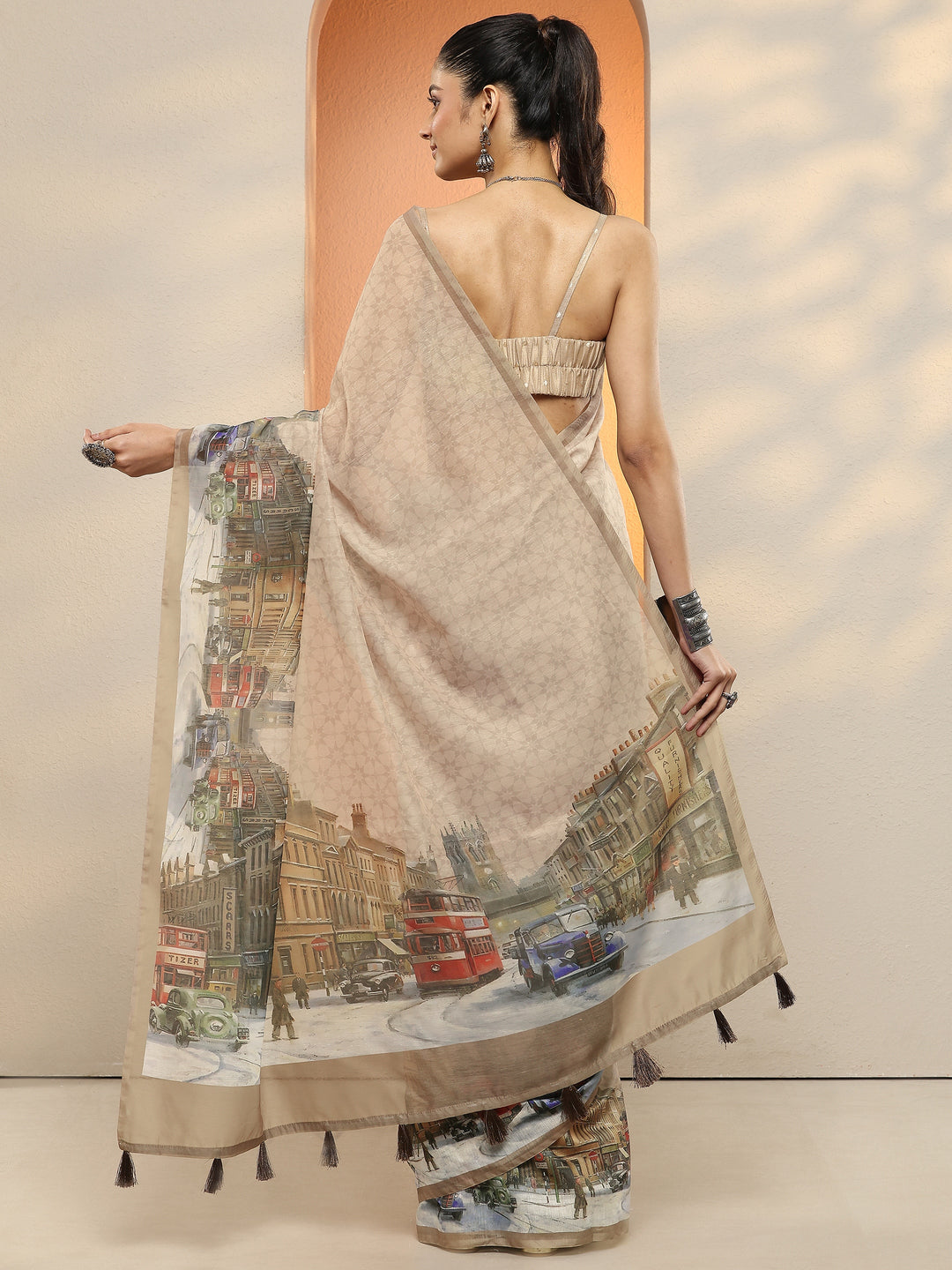 Beige Tribal Printed Sarees With Unstitched Blouse Piece