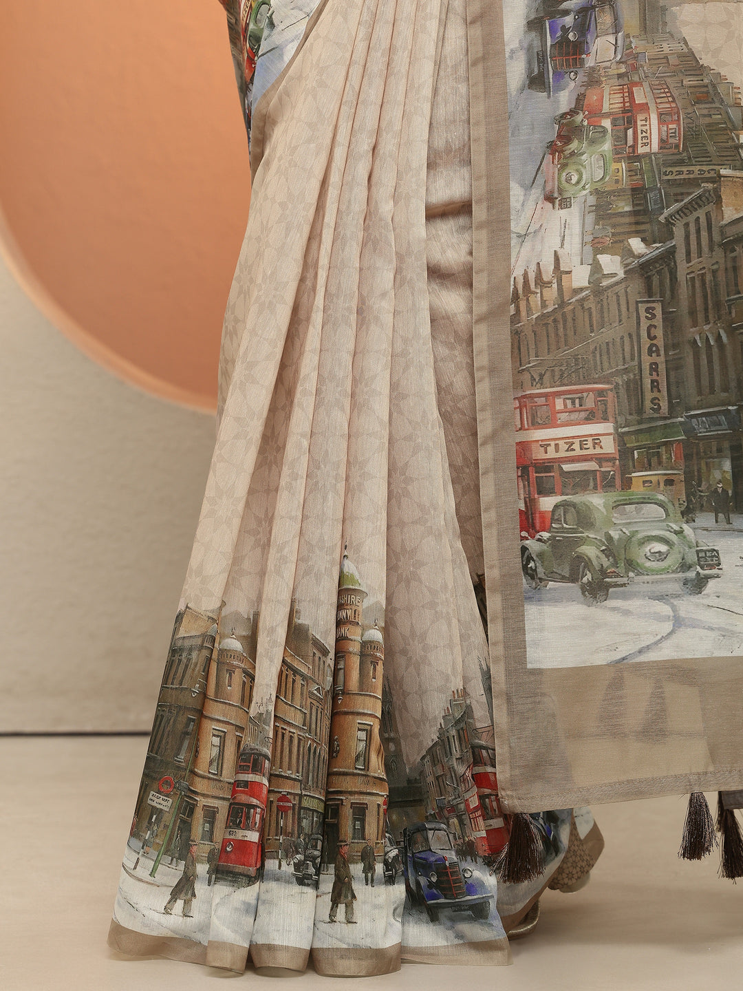 Beige Tribal Printed Sarees With Unstitched Blouse Piece