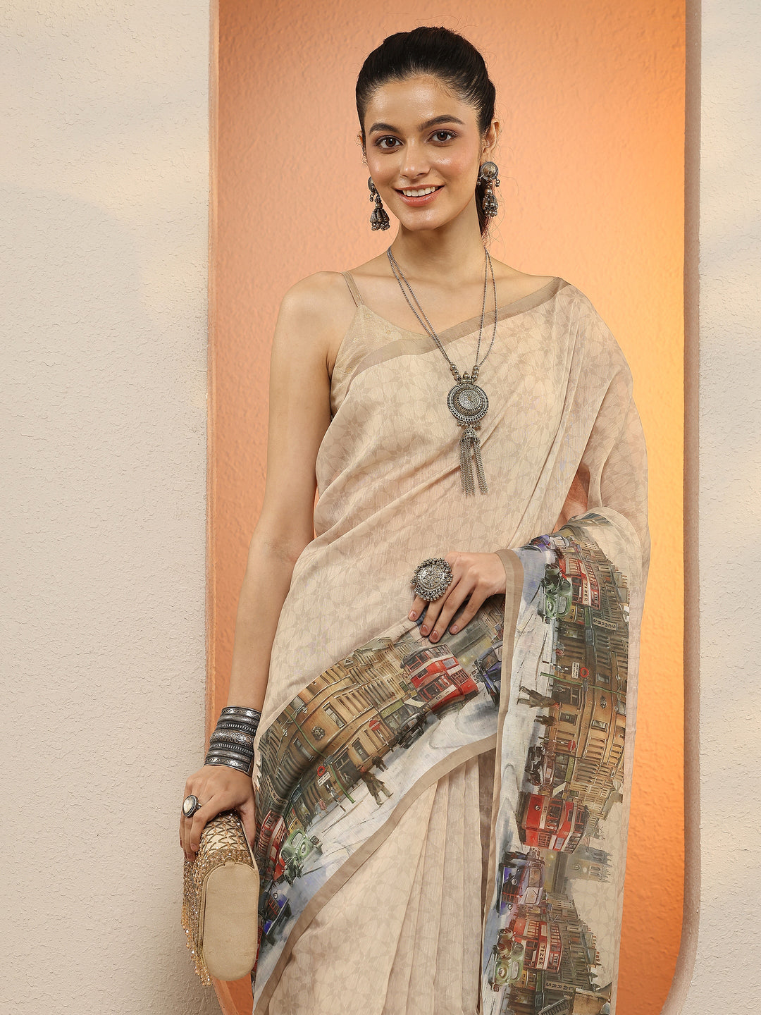 Beige Tribal Printed Sarees With Unstitched Blouse Piece