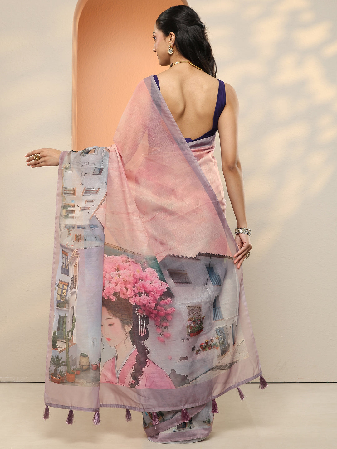 Peach Tribal Printed Sarees With Unstitched Blouse Piece