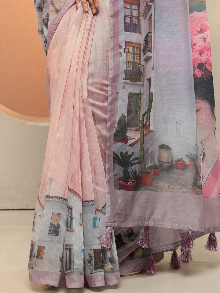 Peach Tribal Printed Sarees With Unstitched Blouse Piece