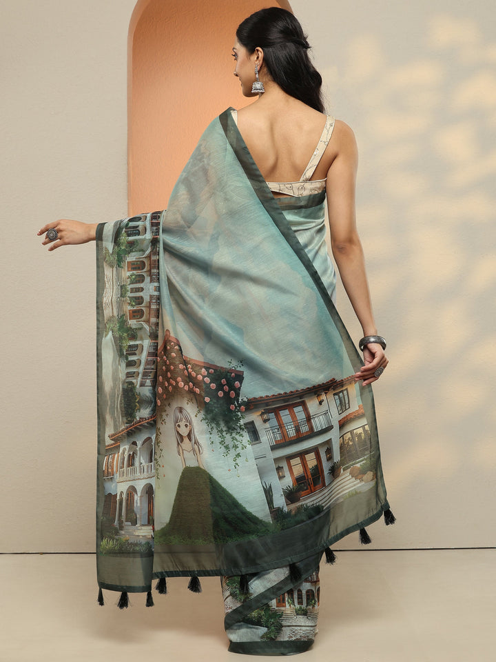 Blue Tribal Printed Silk Blend Saree With Unstitched Blouse Piece