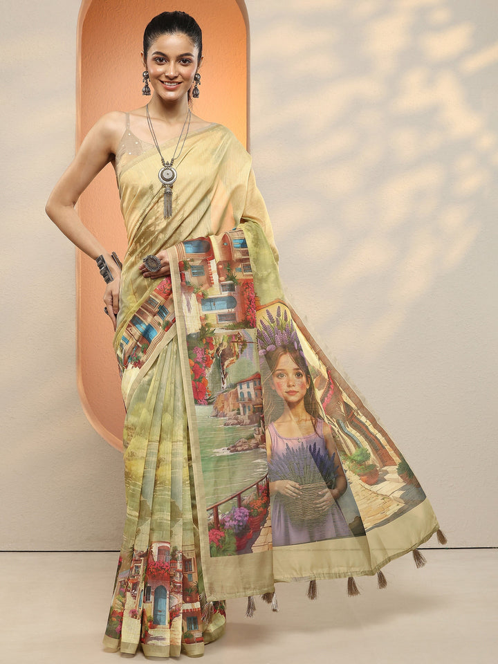 Yellow Tribal Printed Sarees With Unstitched Blouse Piece