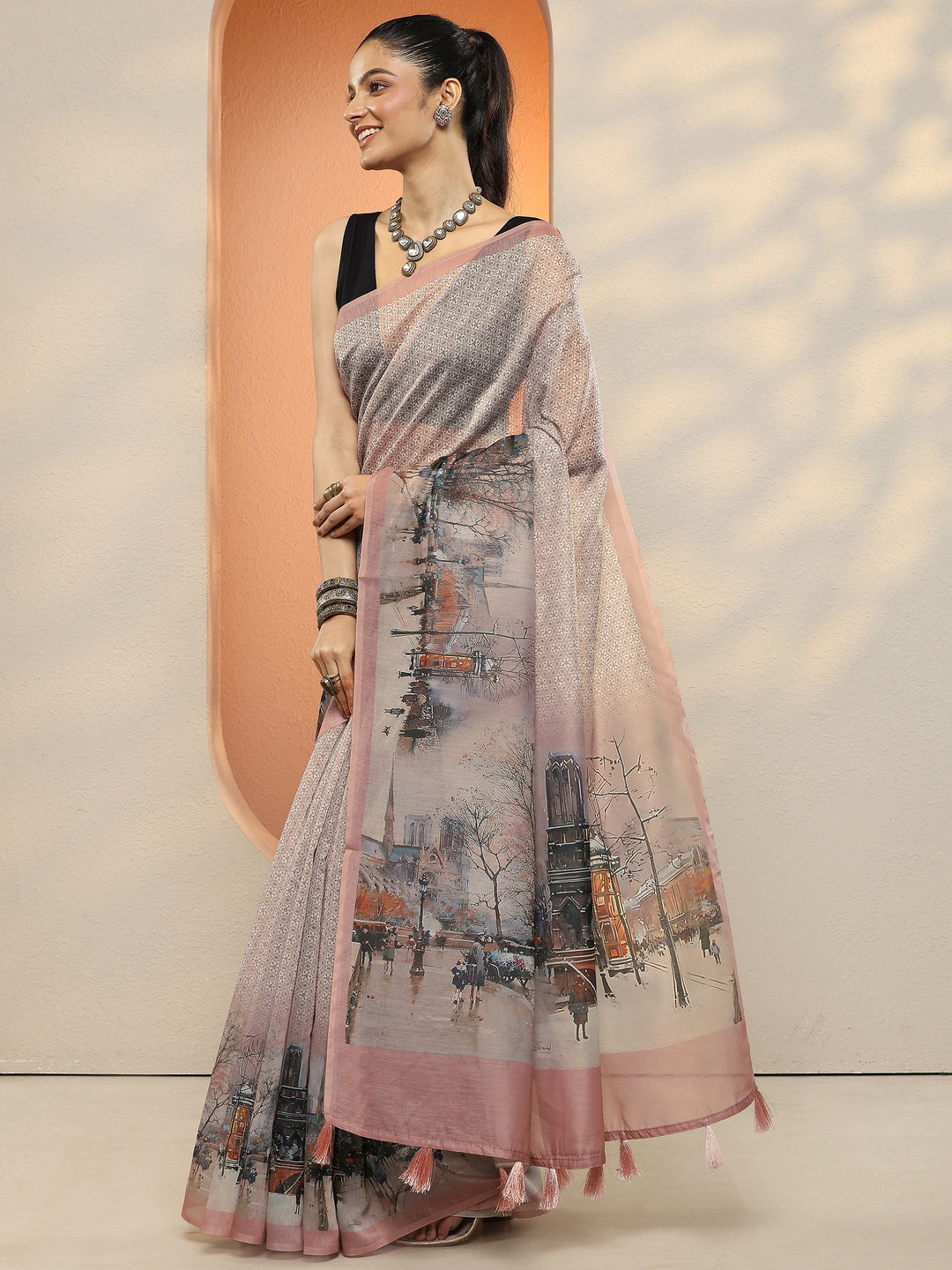 Peach Printed Silk Blend Sarees With Unstitched Blouse Piece