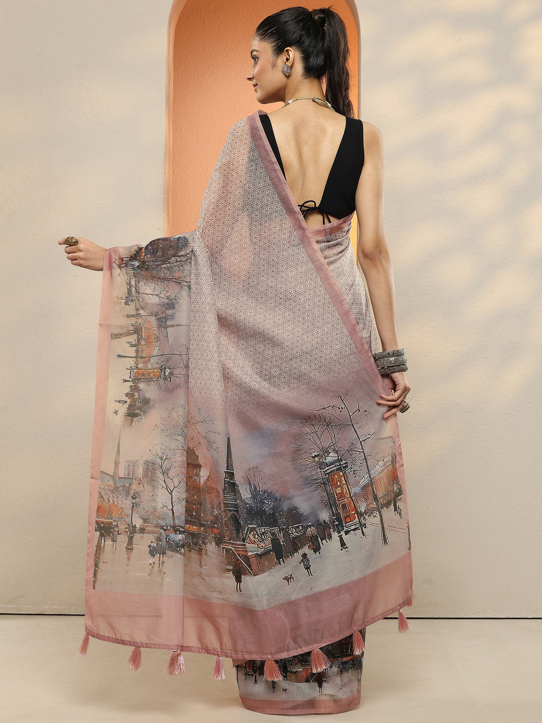 Peach Printed Silk Blend Sarees With Unstitched Blouse Piece