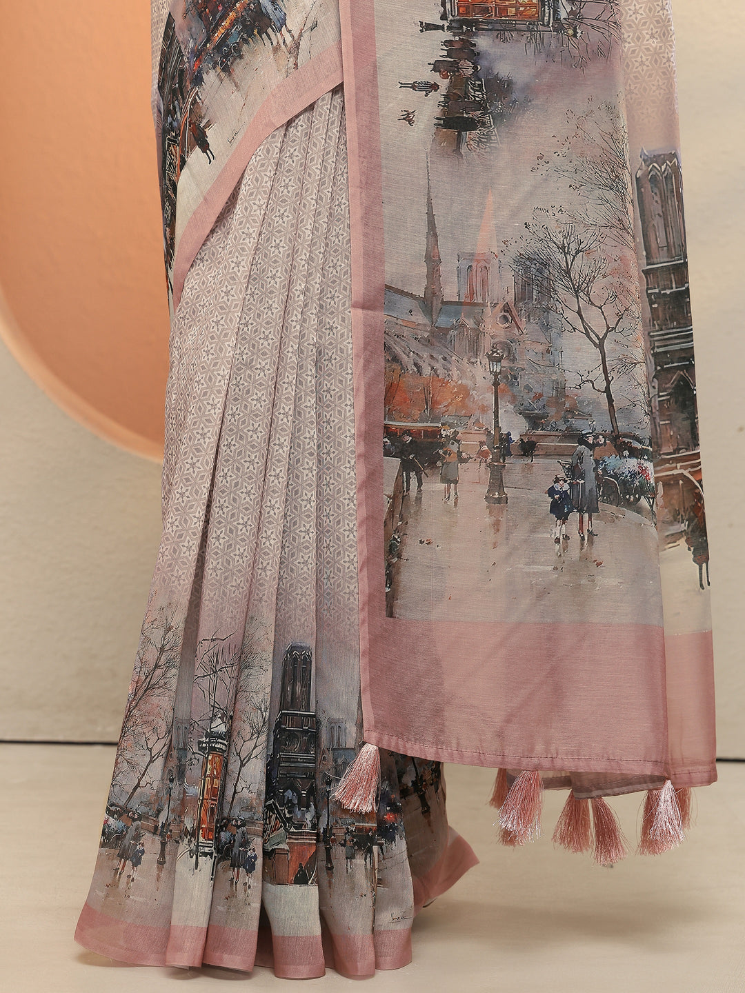 Peach Printed Silk Blend Sarees With Unstitched Blouse Piece