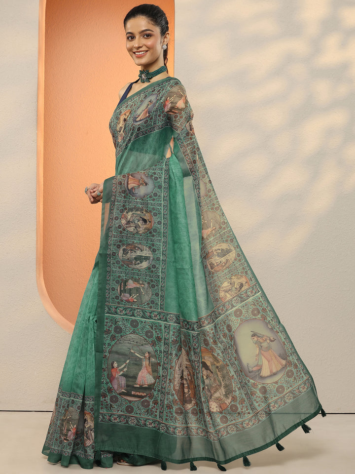 Blue Printed Silk Blend Sarees With Unstitched Blouse Piece