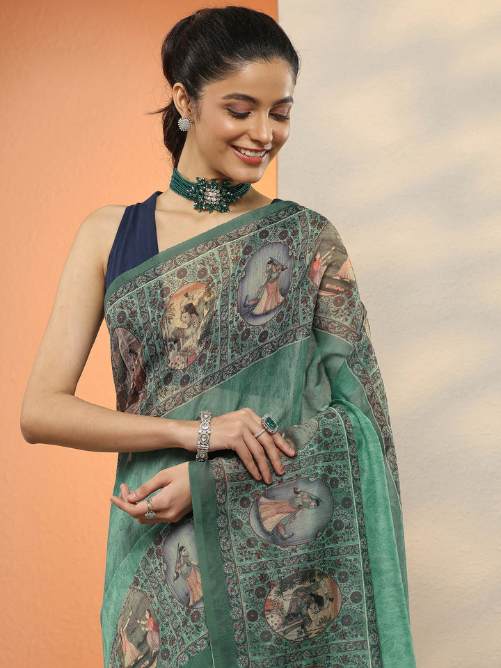 Blue Printed Silk Blend Sarees With Unstitched Blouse Piece