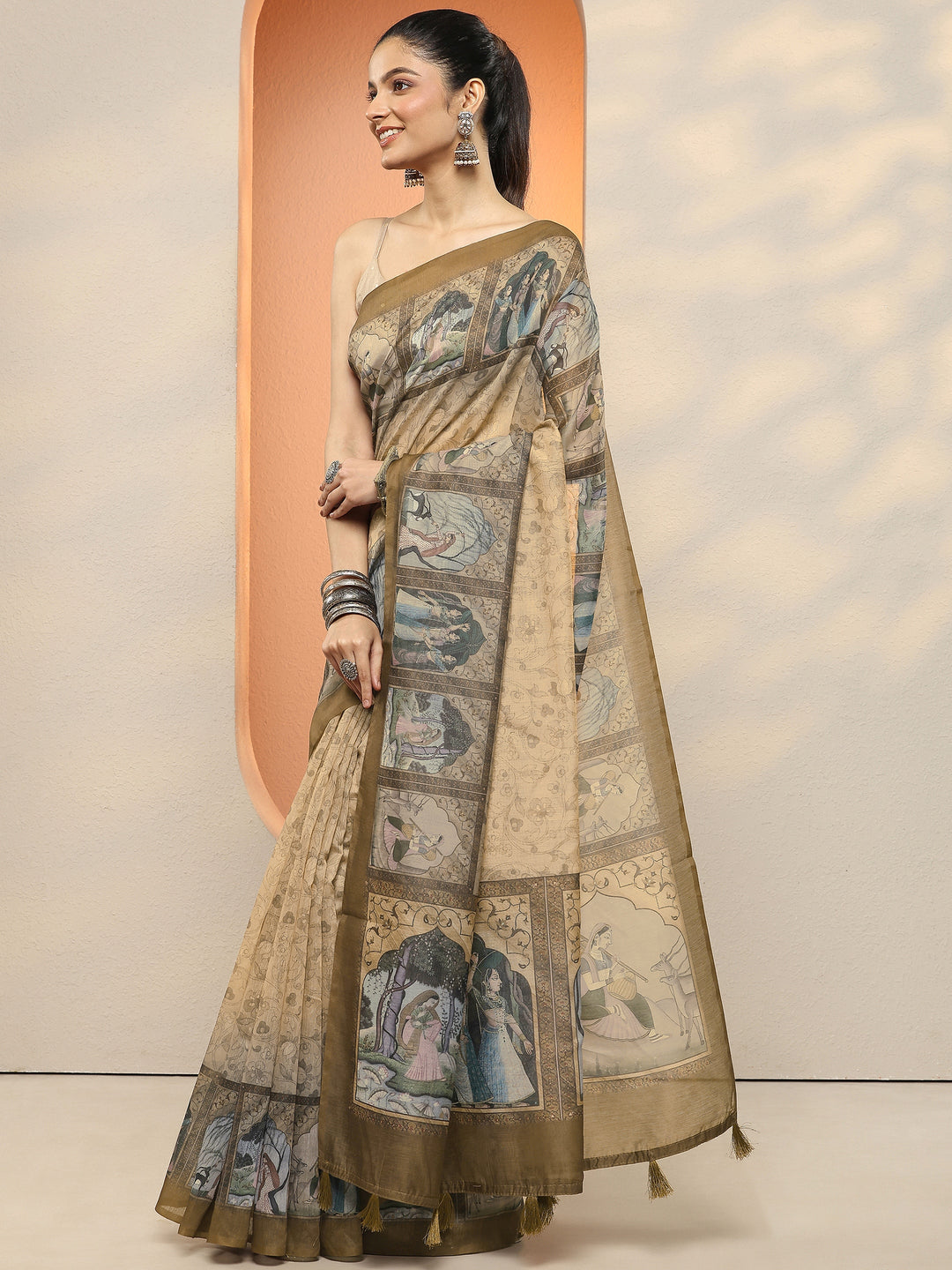 Brown Printed Silk Blend Sarees With Unstitched Blouse Piece