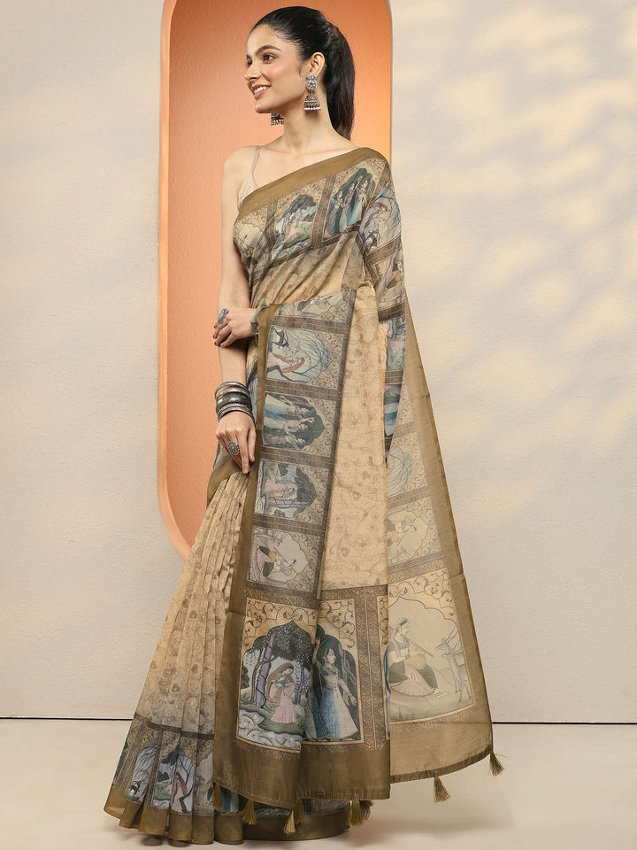 Brown Printed Silk Blend Sarees With Unstitched Blouse Piece